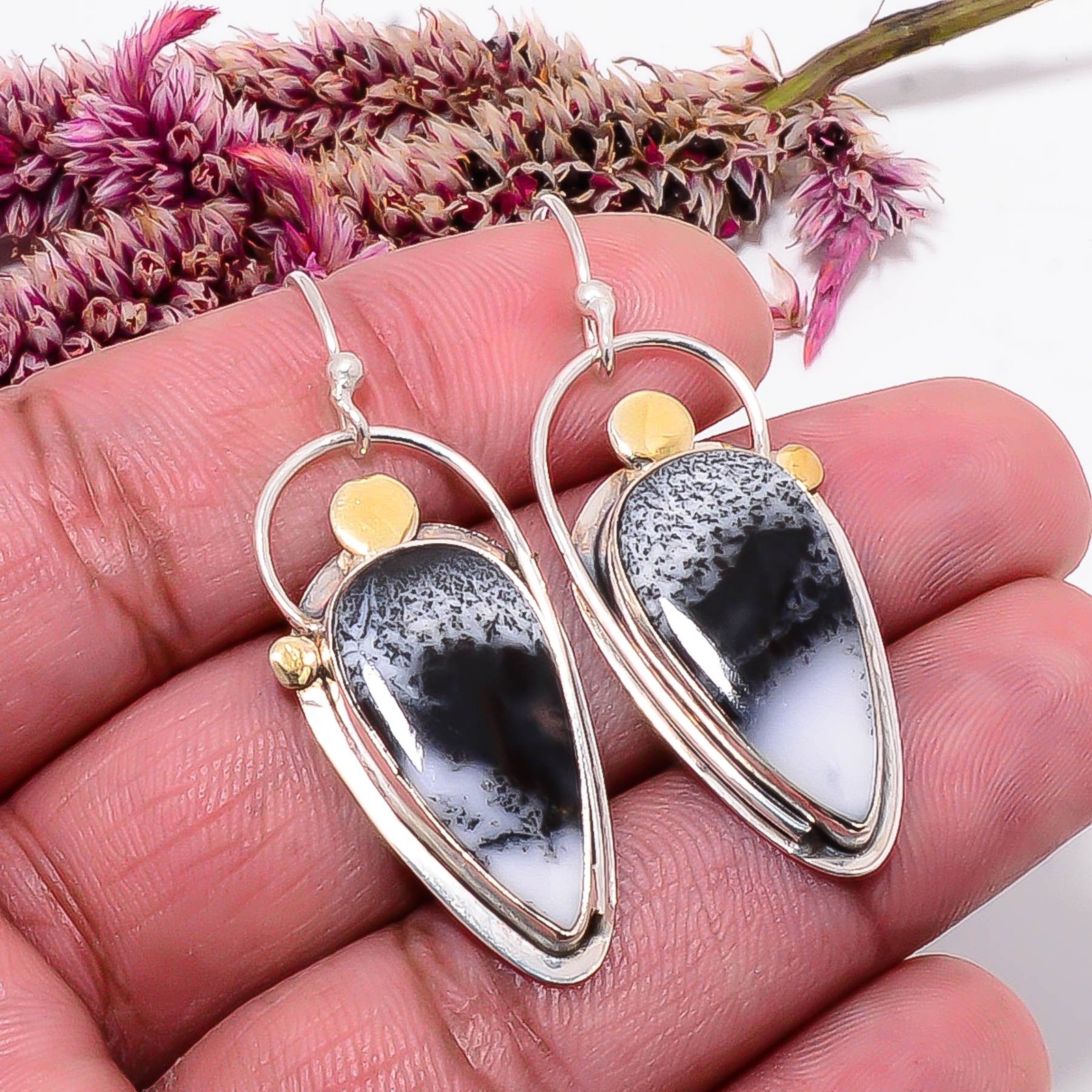 Merlinite Dendritic Opal -Brazil 925 Sterling Silver Two Tone Earring 1.87″ E3