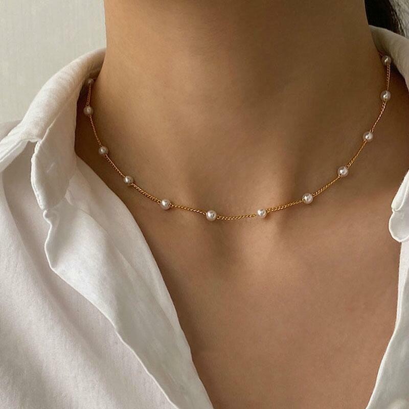 Women’s Fashion Jewelry Gold Chain Pearl Charm Choker Collar Bib Necklace New