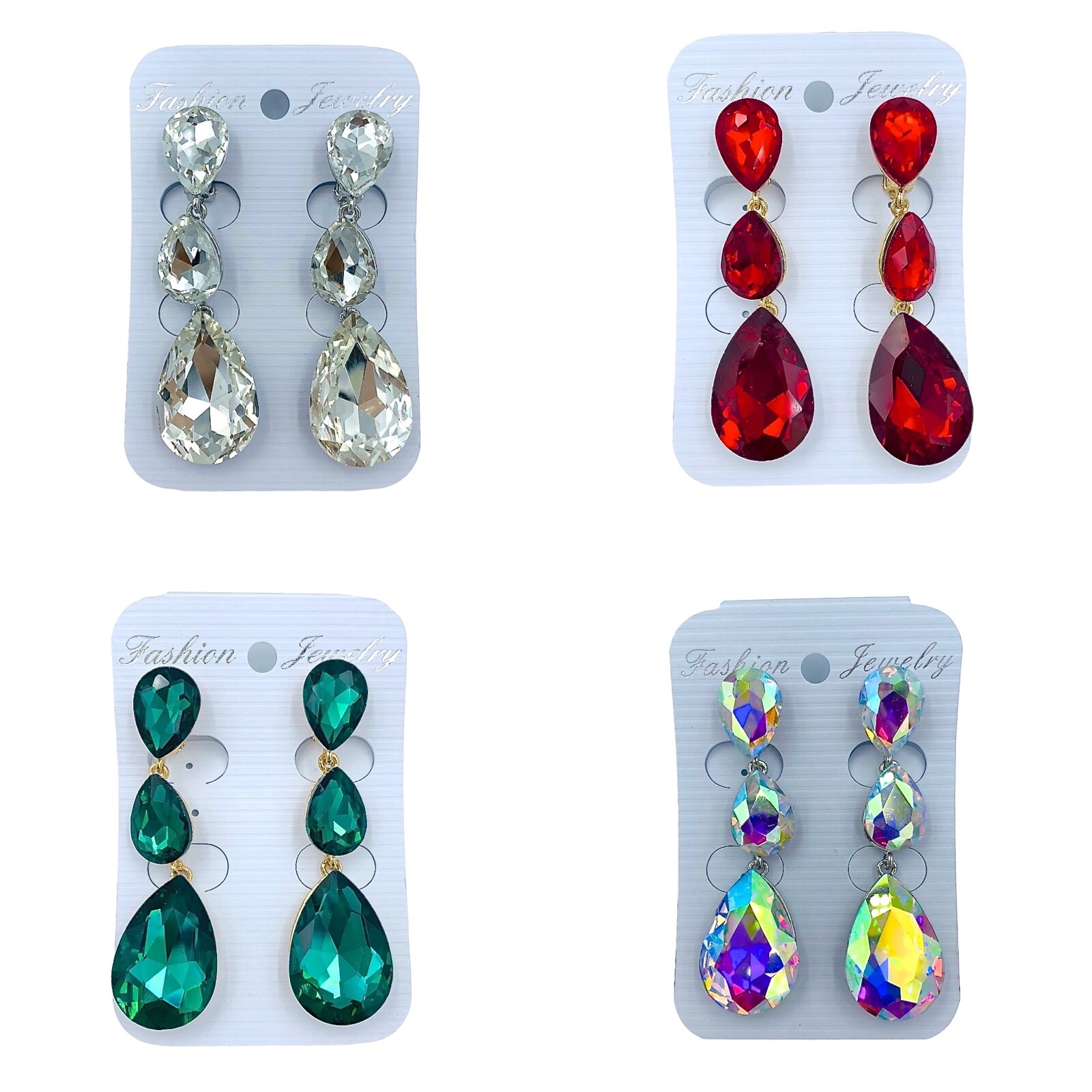Clip On 3 Tier Teardrop Crystal Dangle Earring in 10 Colors (0.75×2.75in)