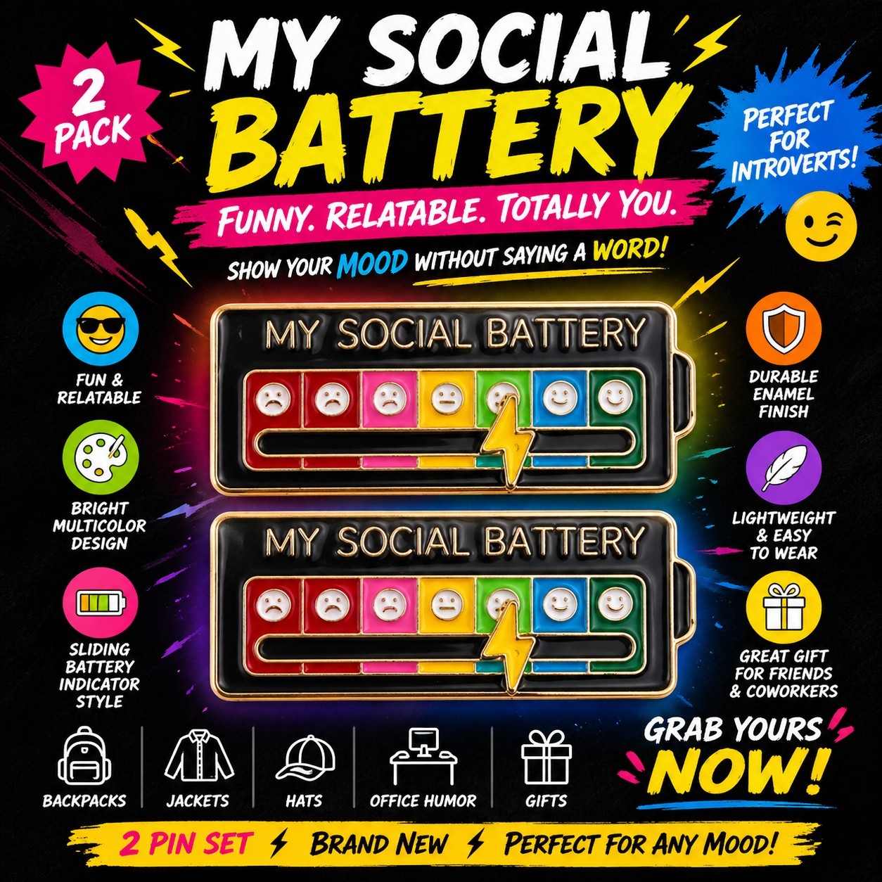 My Social Battery Enamel Pin Set 2 Funny Introvert Mood Slider Interactive Gift