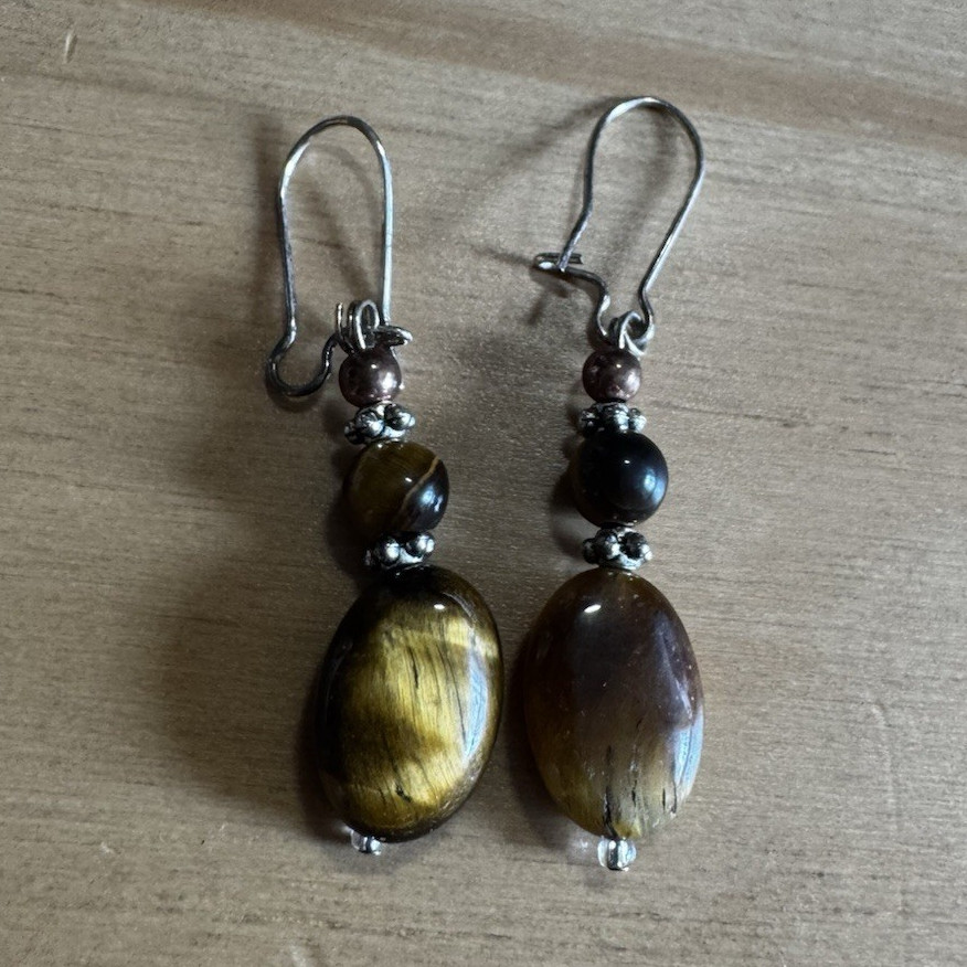 Handmade Tiger’s Eye & Hematite Leverback Dangle Drop Earrings Silver Brown/Gold
