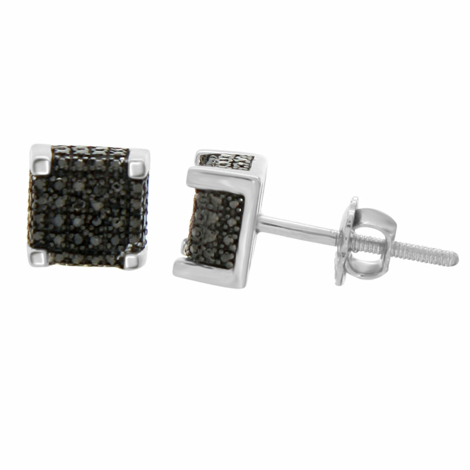 Round Black Diamond Square Stud Earrings Screw Back 14K White Gold Plated Silver