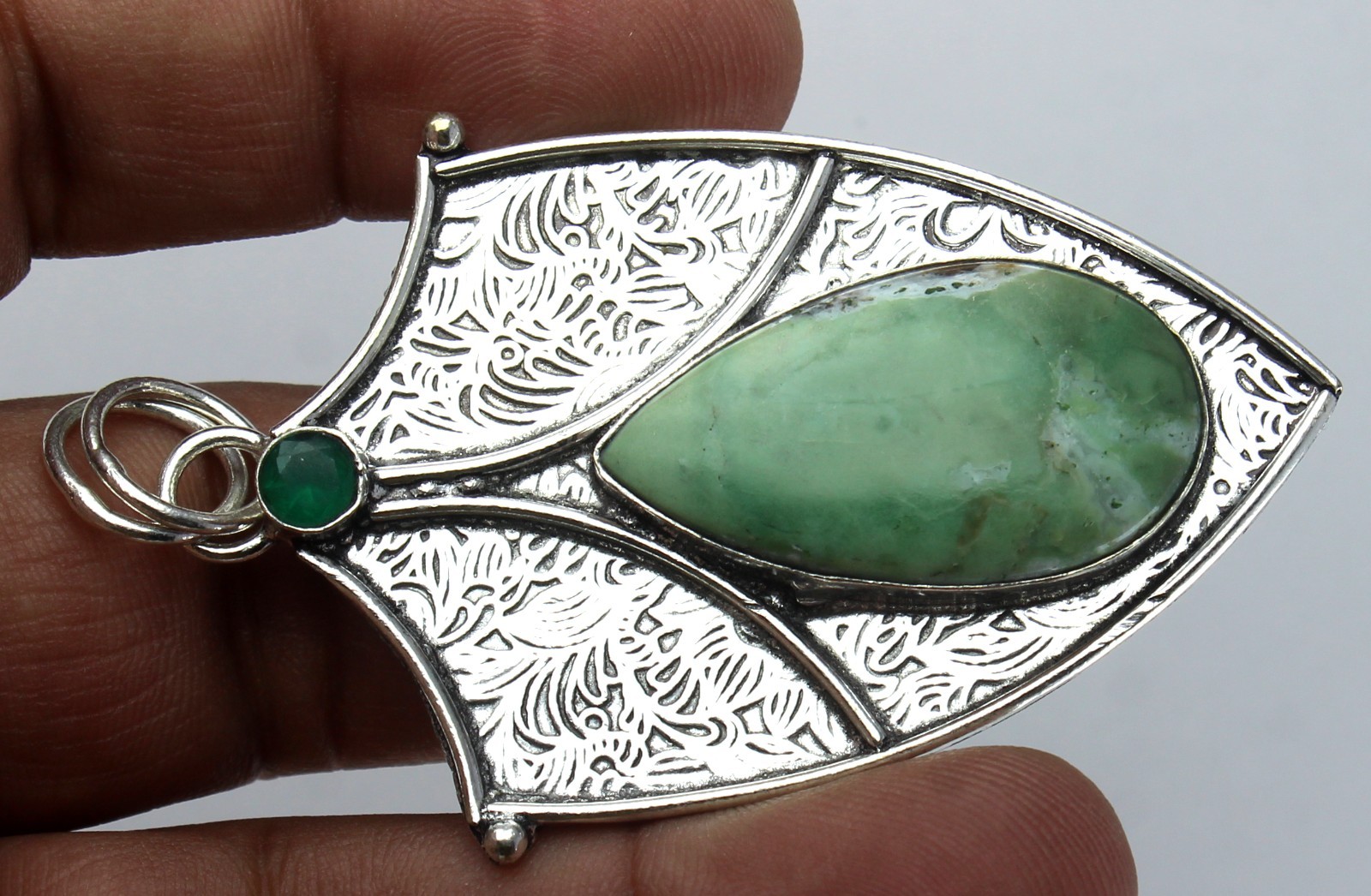 Green Jade Style Gemstone Pendant Ornate Silver Tone Shield Boho Tribal Artisan