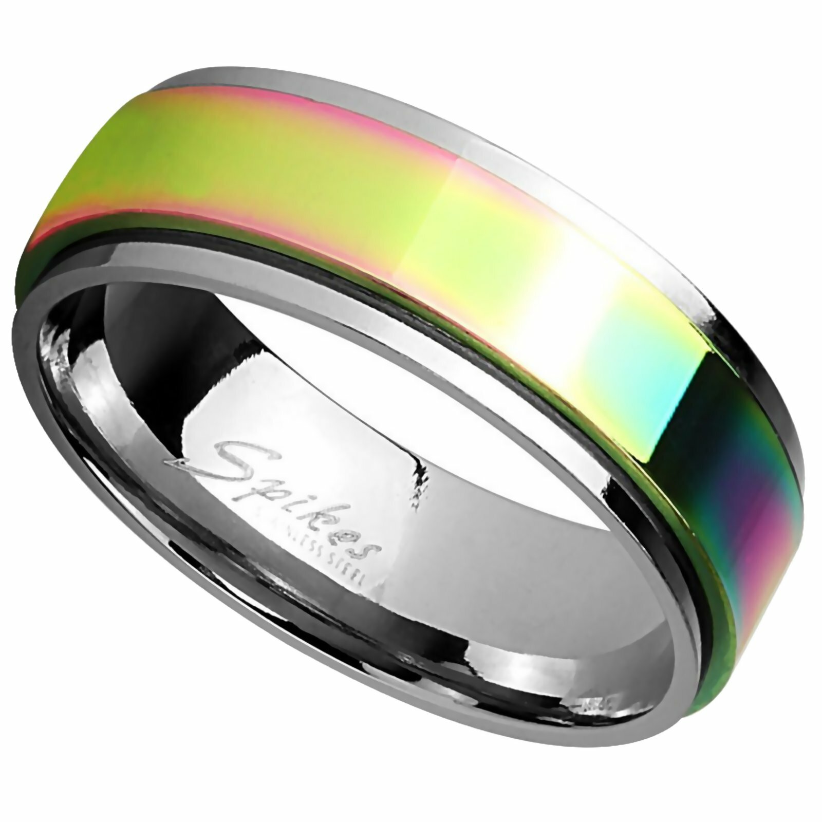 Classic Rainbow Spinner Ring 8mm Mens Stainless Steel Fidget Band Sizes 9-13