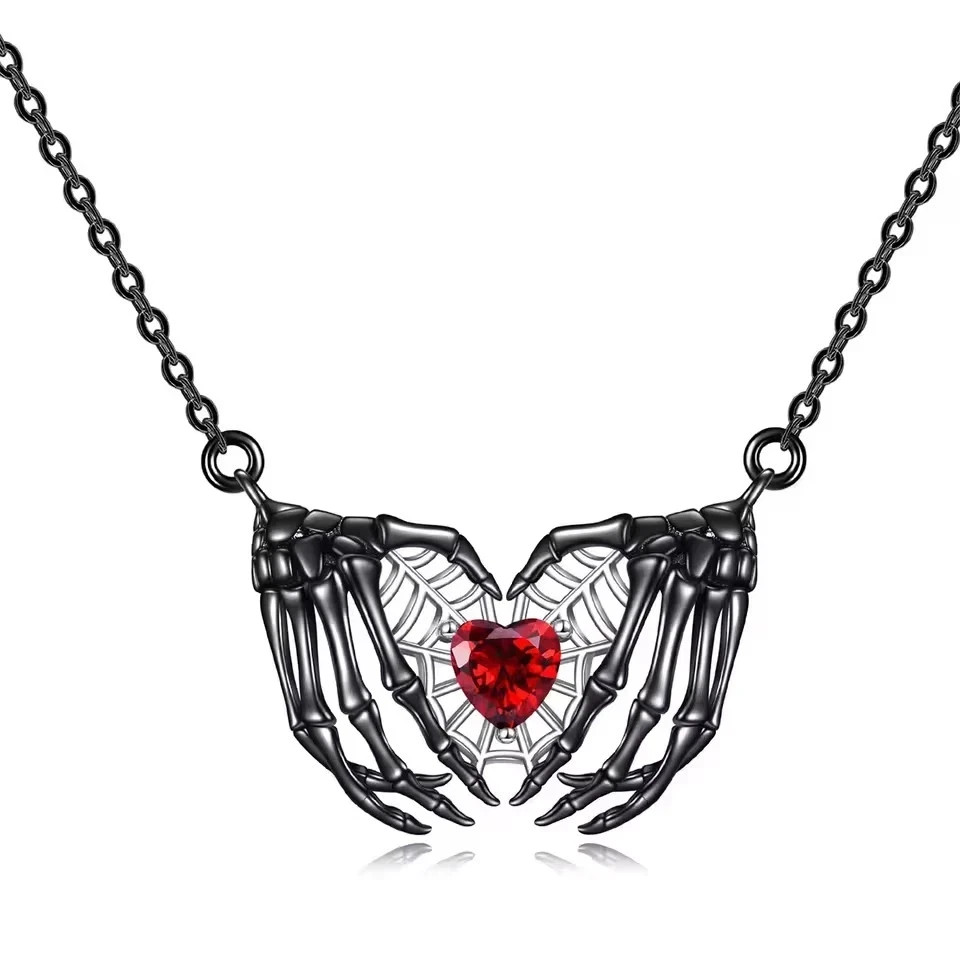 Gothic Bat Wings Skeleton Hand Heart Pendant Necklace Punk Halloween Jewelry