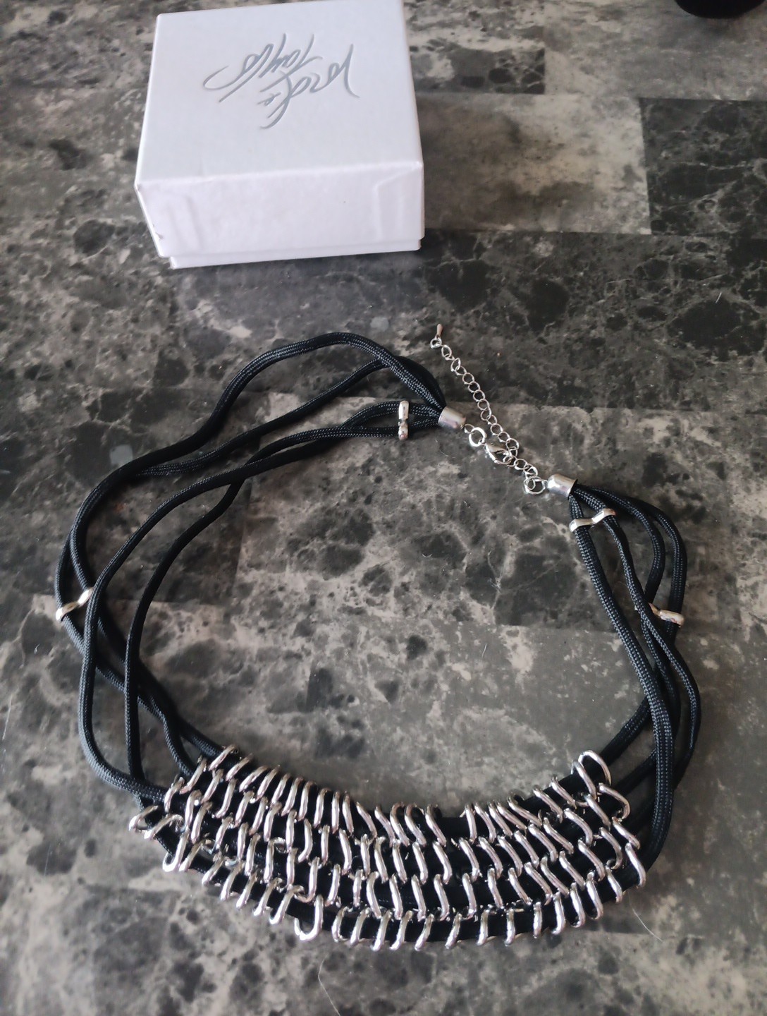 Lord & Taylor Black Silk & Silver Necklace New With Orig Box 34 In