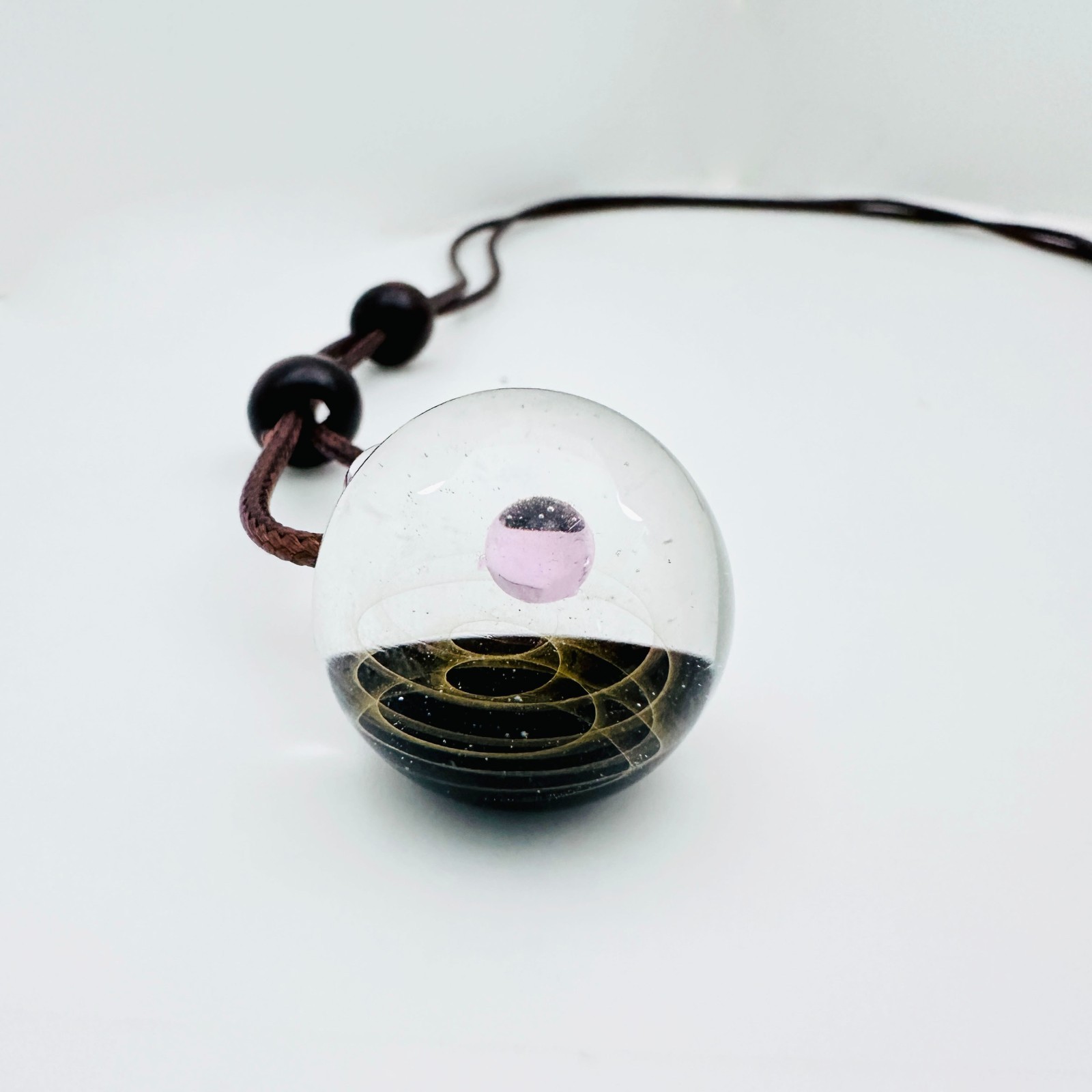 Galaxy Cosmic Sphere Glass Lampwork Pendant w/Long Brown Cord Necklace
