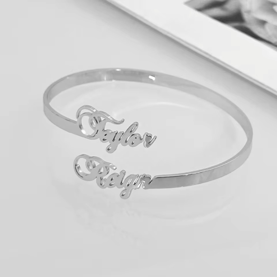 Customized Double Name Bracelet Bangle Cuff Jewelry Stainless Steel Anniversary