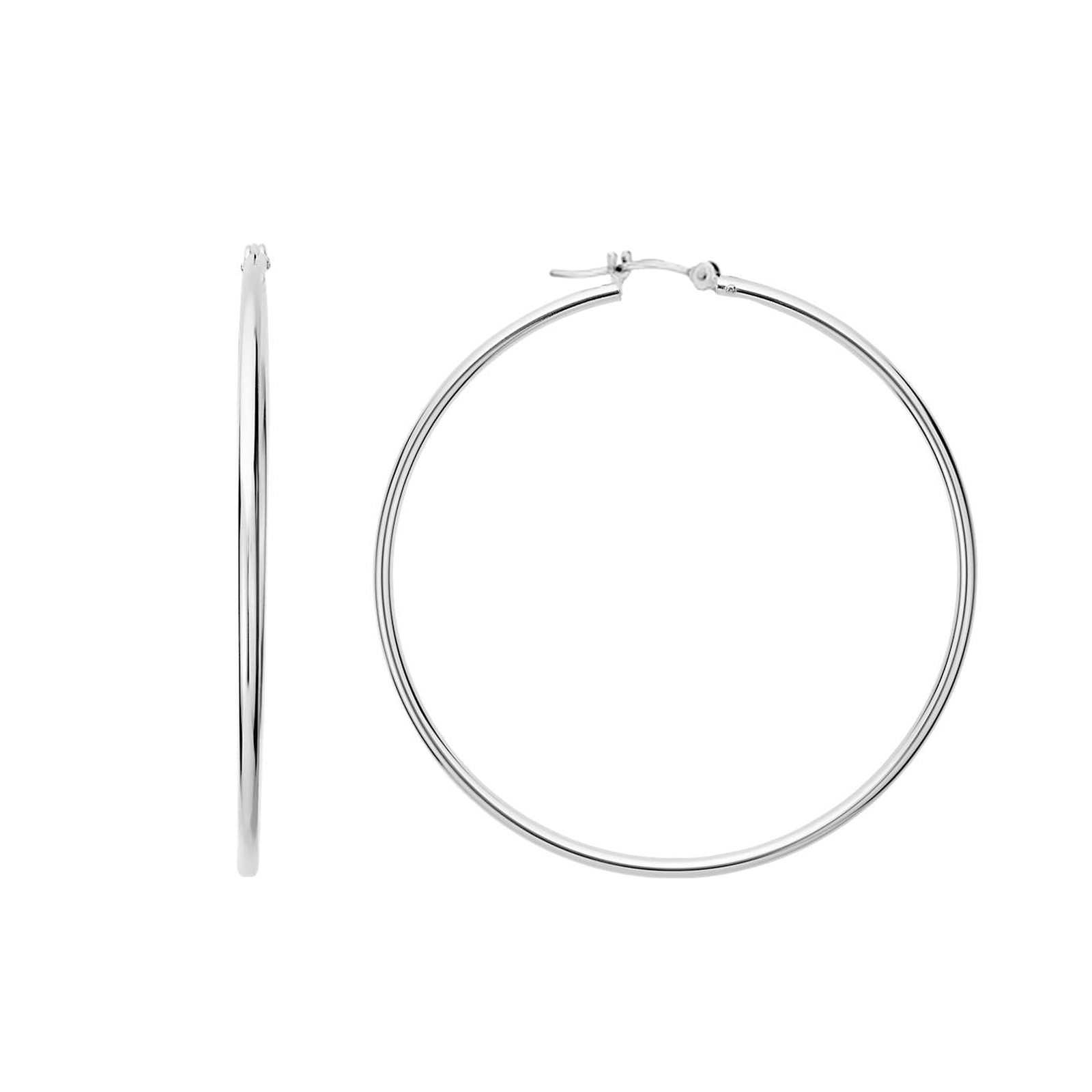 14k White Gold 1.5mm Shiny Round Tube Hoop Earrings, Diameter 40mm