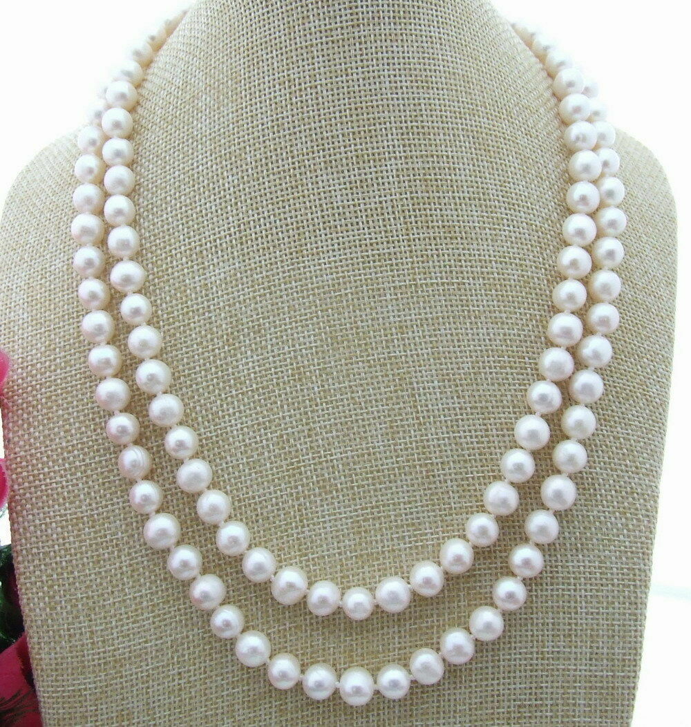 20″ 2 Rows 8MM White Freshwater cultured Pearl Necklace 18KGP Cz pave Clasp