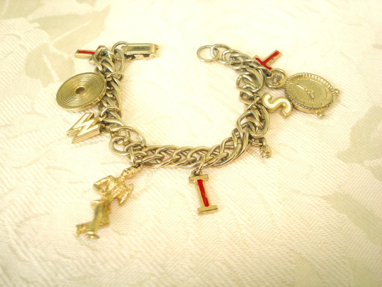 Gold Tone Bracelet Record Clock Dancer Red White TWIST Charms As Found KJ