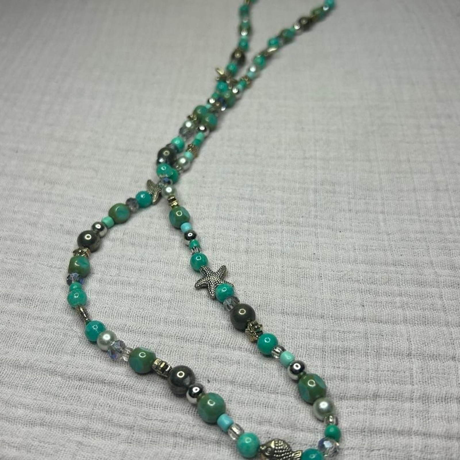Nautical Turquoise Beaded Strand Necklace Sea Star Fish Charms