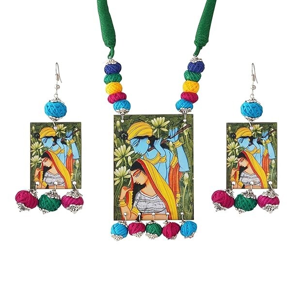 Handmade Warli Art Pendant Necklace Earrings Set Boho Tribal Jewelry Gift