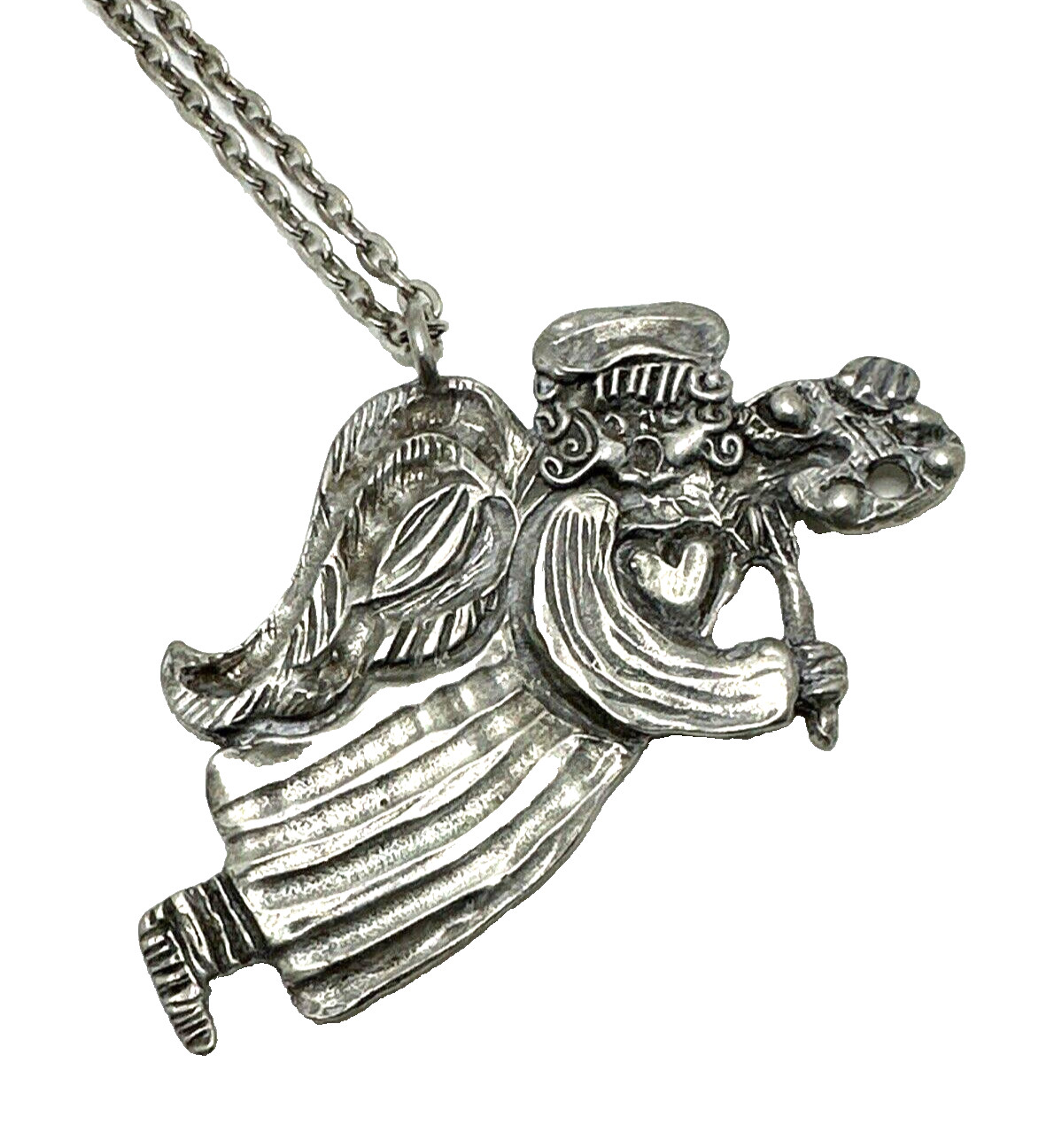 Vintage MARCIE USA Pewter Angel Pendant Necklace Artist Painting Art Palette 24″