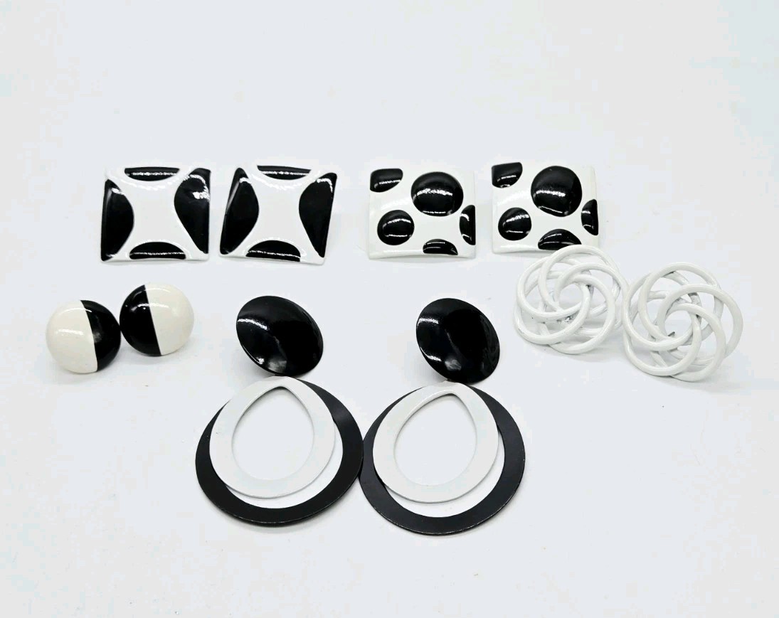 Black and White Earring Lot Art Deco Asymmetrical Enamel Vintage 5 Pair