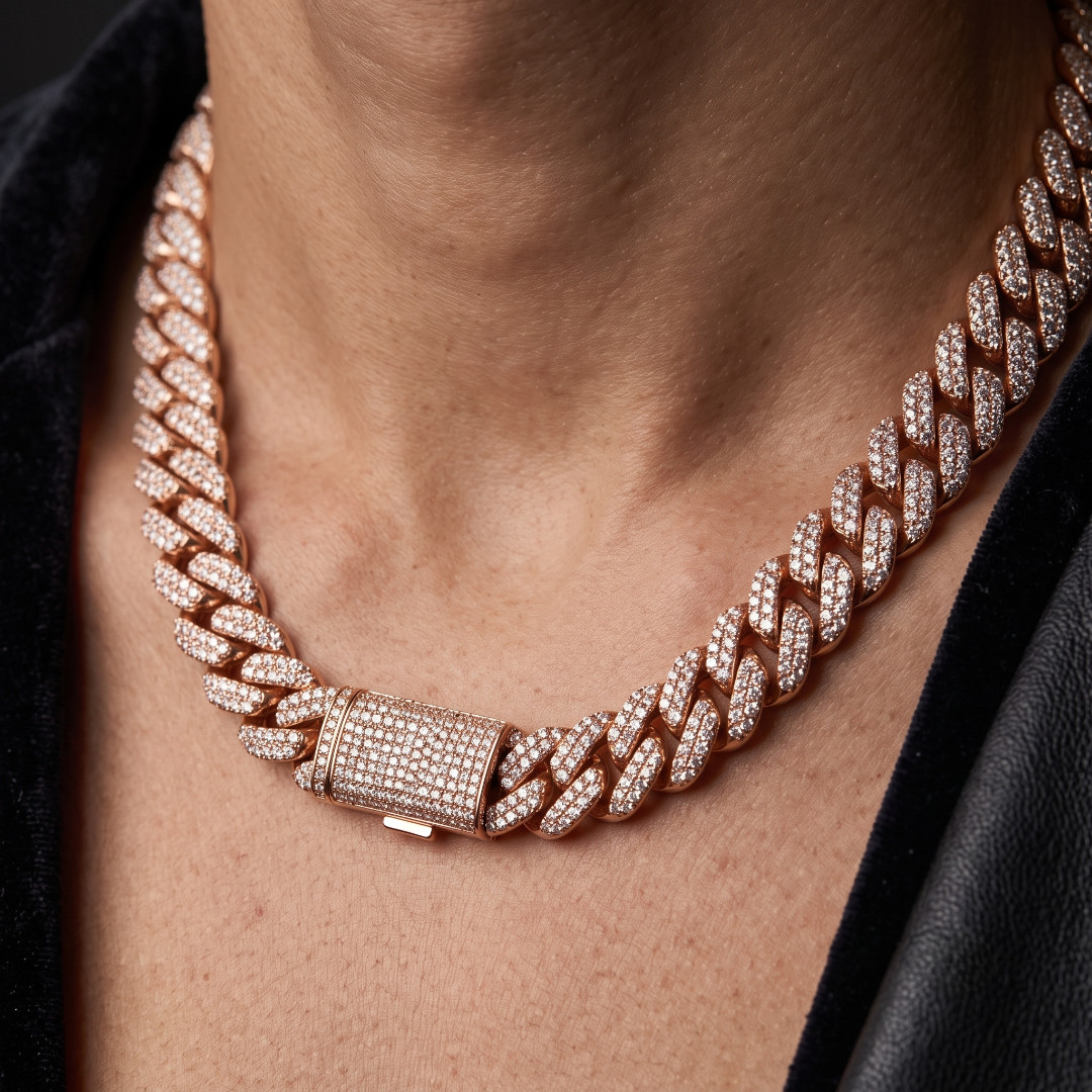 Iced Out Cuban Link Chain 14mm Rose Gold CZ Pave Necklace Unisex