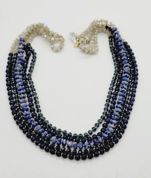 Loft Necklace Beaded Multicolored Layered 5 row 21 in Blue White Gold tone