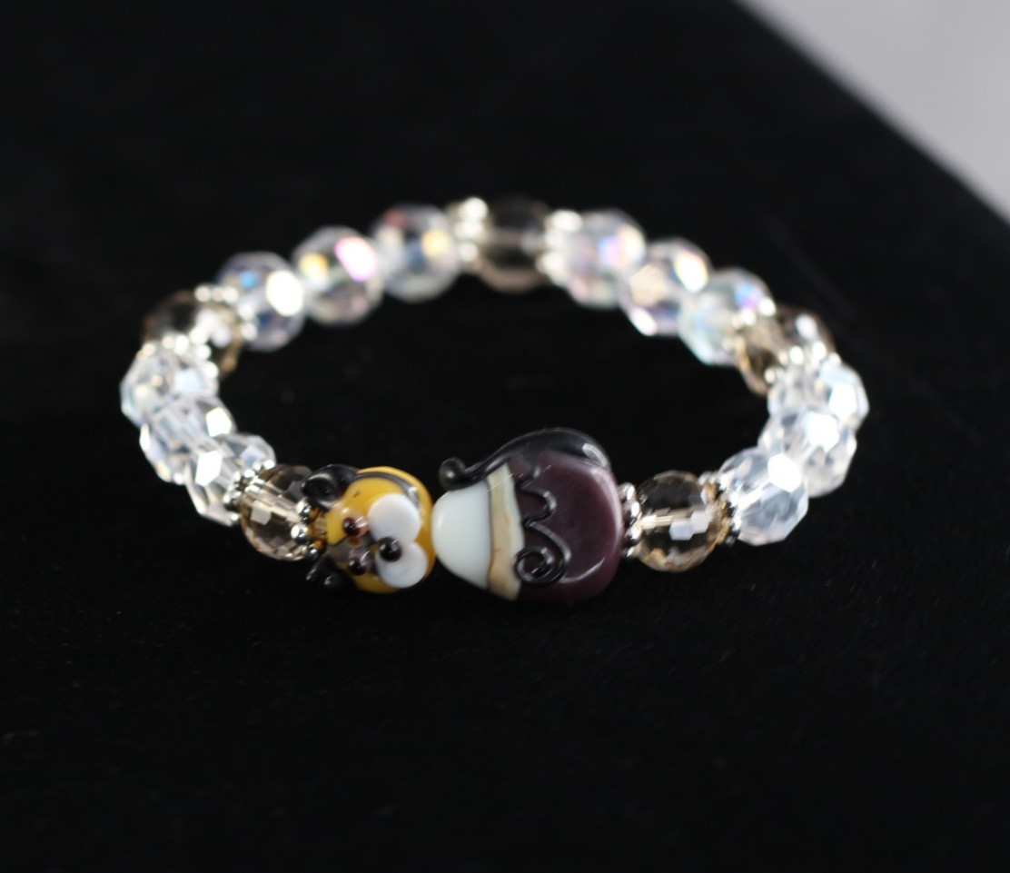 Brown Cat Lampwork Bead Bracelet 7″ Elastic Glass Beads faceted Crystals Kitten