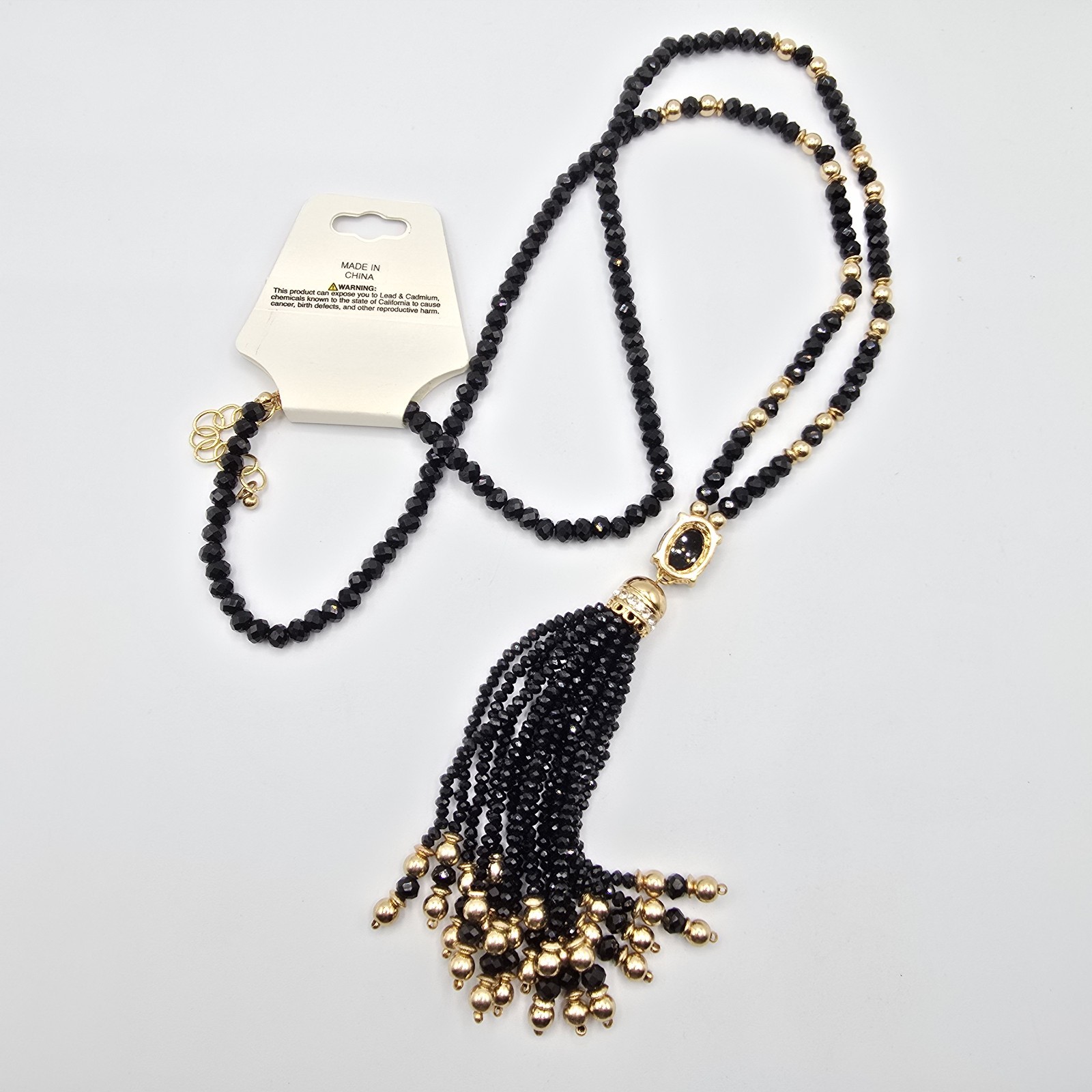Draper’s & Damon’s Black Beaded Tassel Statement Necklace Gold Tone 34″