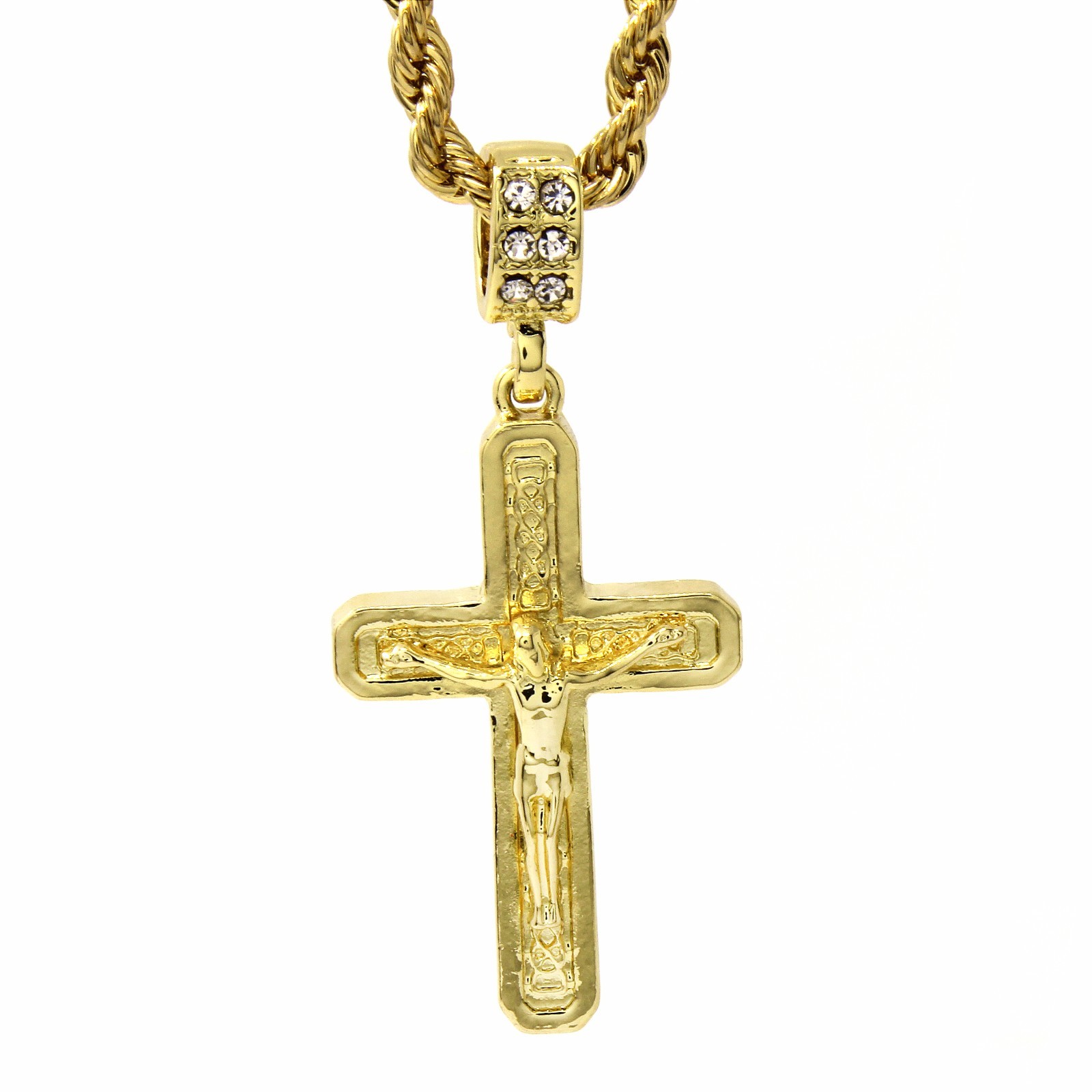 Men’s 14k Gold Plated jesus C Cross Pendant Cubic-Zirconia With 24″ Rope Chain