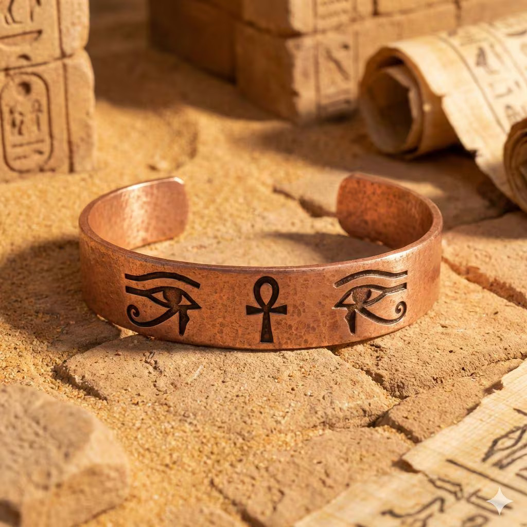 Pure Copper Spiritual Ankh & Eye of Horus Cuff – Handmade Boho Gift