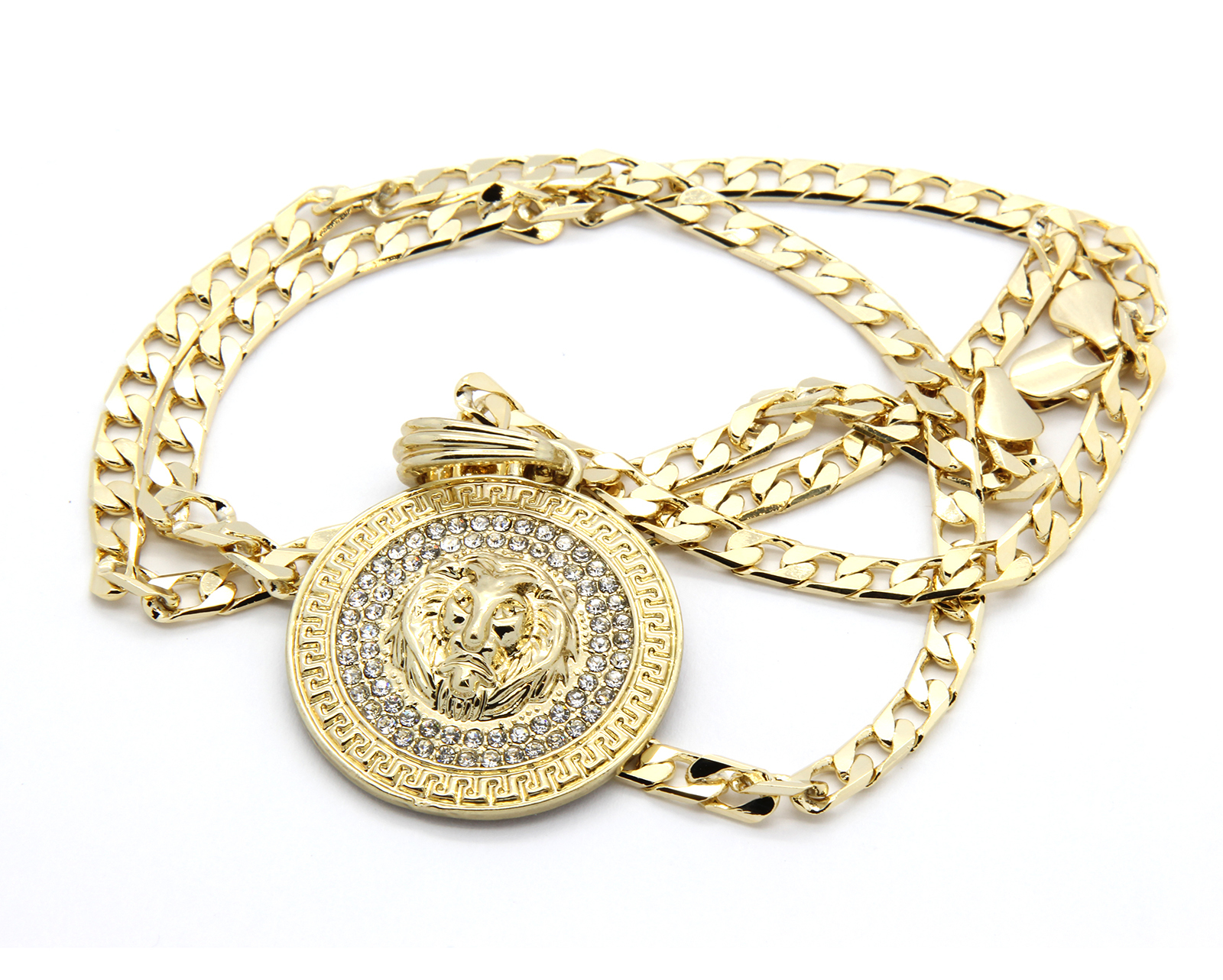 Medallion Pattern Lion Gold Plated Cubic-Zirconia 24″ Cuban Curb Chain Pendant