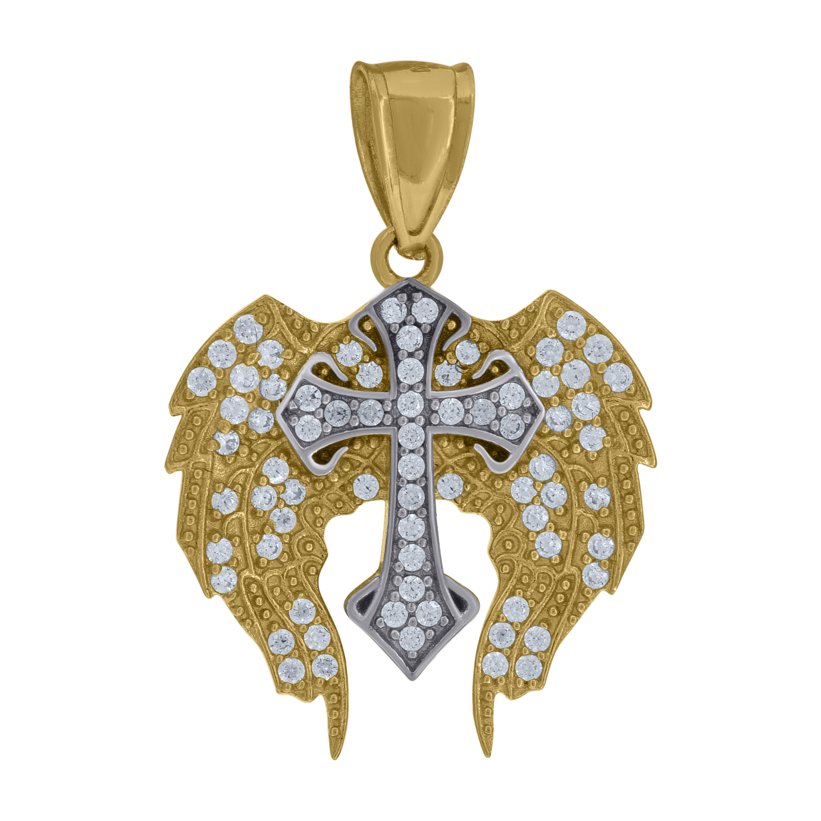 10K Two Tone Gold Round CZ Unisex 1″ Gothic Charm Pointed Cross w/ Wings Pendant