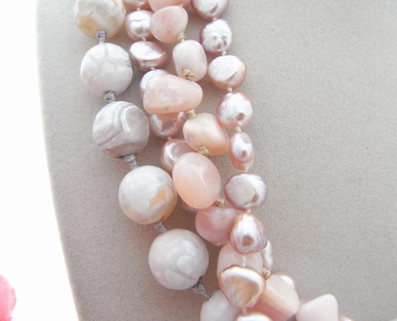 Purple Pearl Necklace Pink Opal White Agate 4 rows Strands 18″
