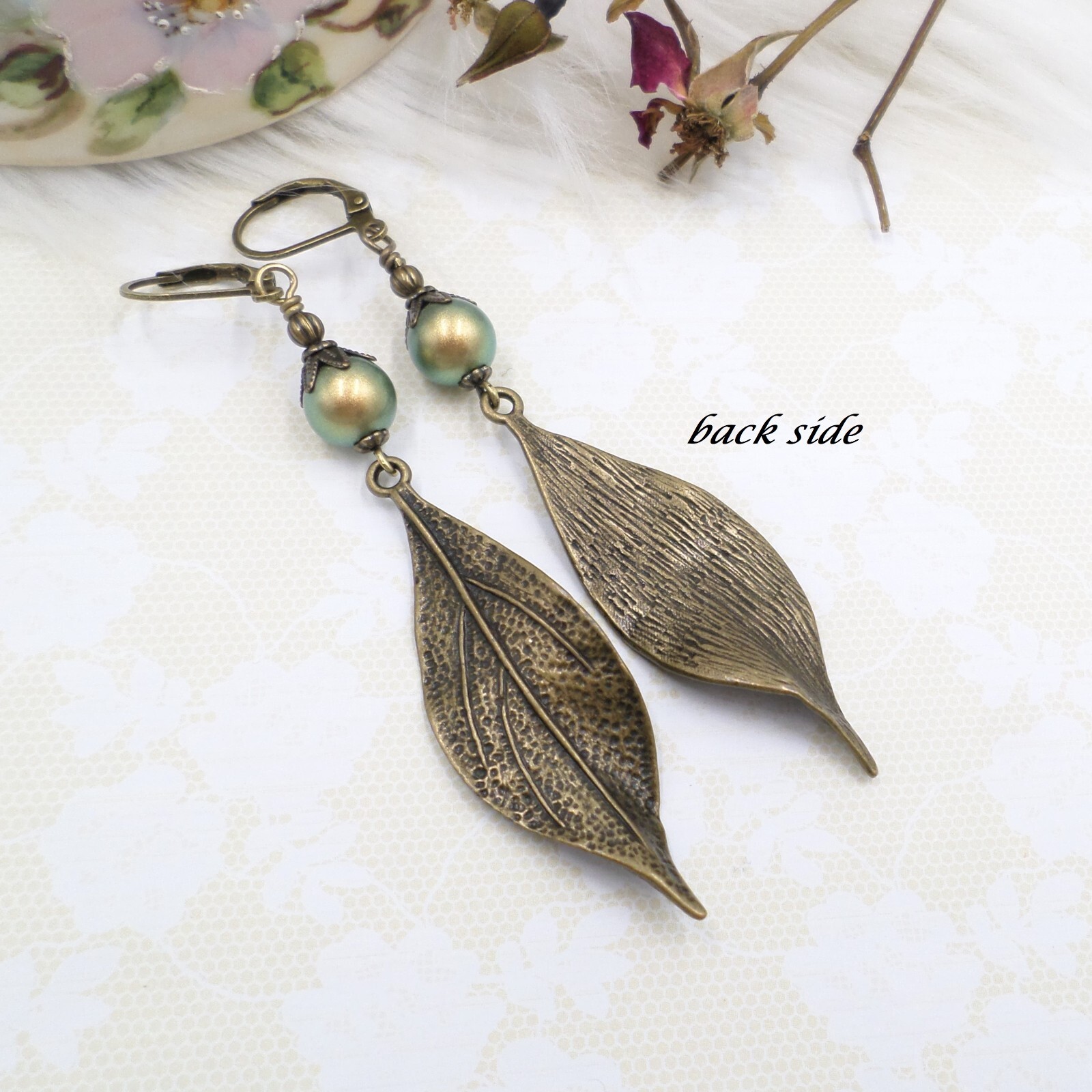 Bohemian Brass Botanical Leaf Earrings, Green Glass Pearl Nature Lover Jewelry