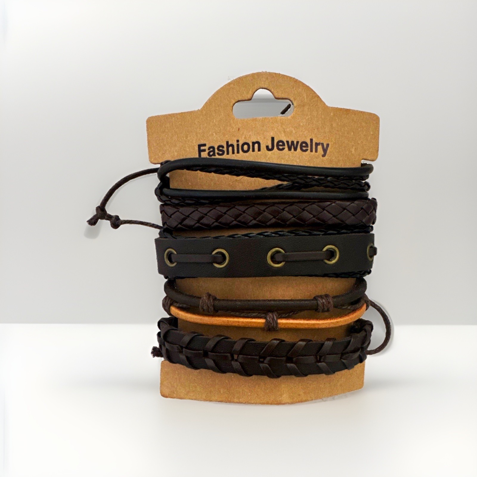 Set of 5 Black/Brown Faux Leather Cord Braided Wrap Bracelets, Adjustable Tie