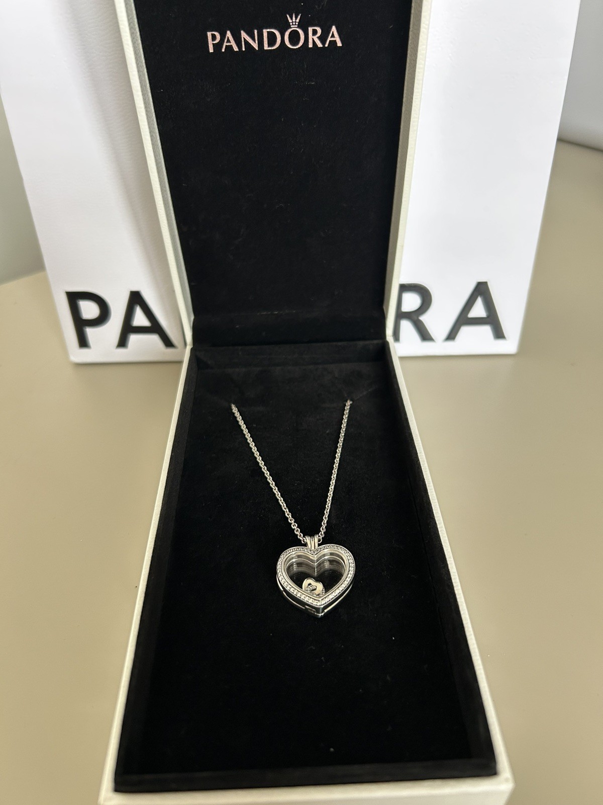 Authentic Pandora 2.5cm pavé Heart floating Locket & adjustable chain