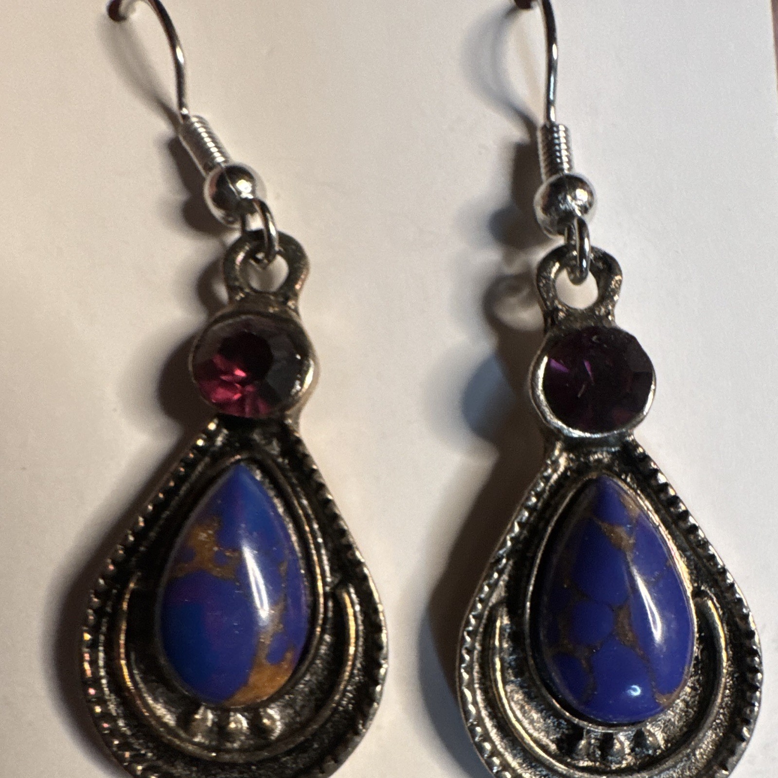 Silver Tone Teardrop Dangle Earrings Blue Cabochon Purple Accent Hook Bezel