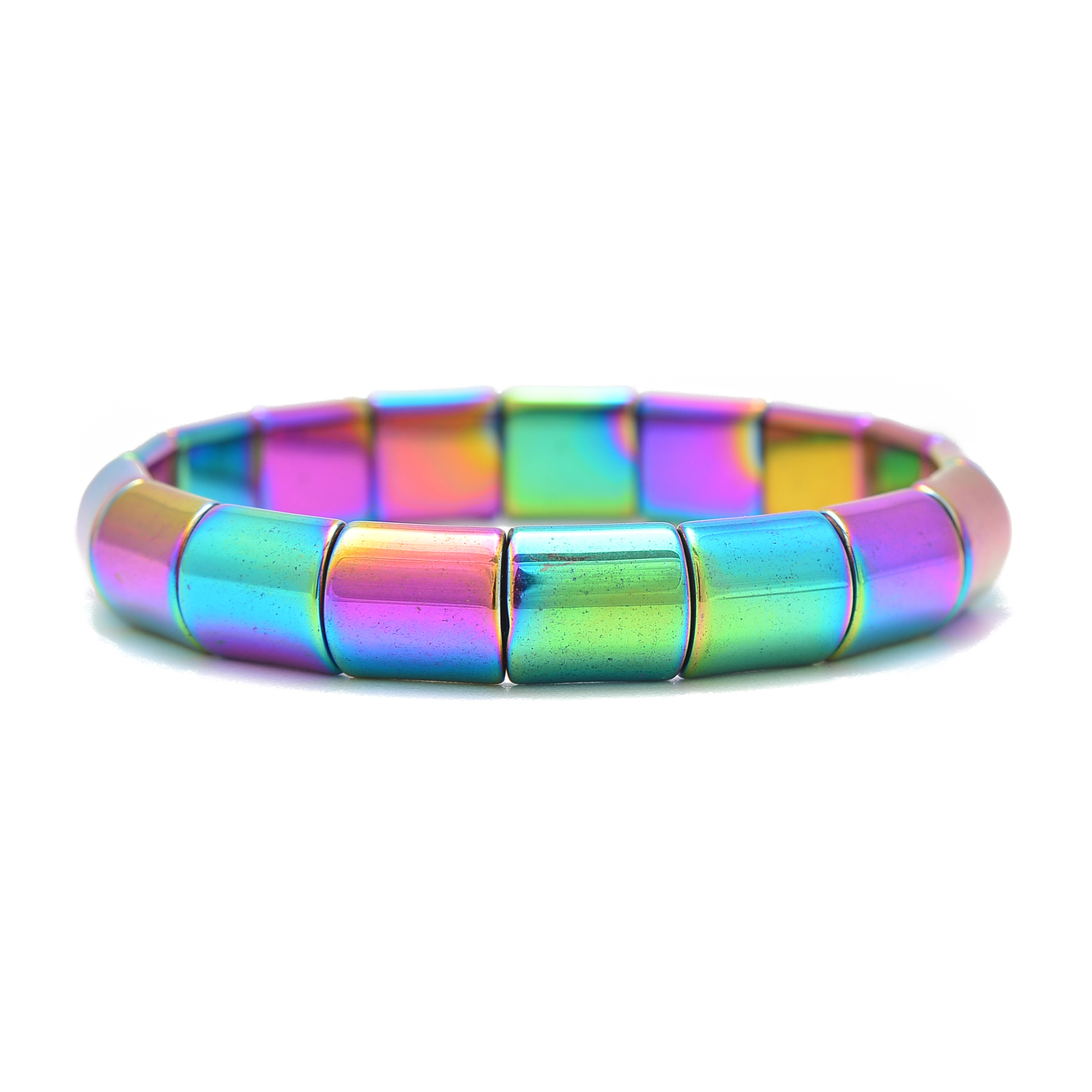 Rainbow Plated Hematite Double Drilled Bangle Bracelet Beads 10x12mm 7.5”Length