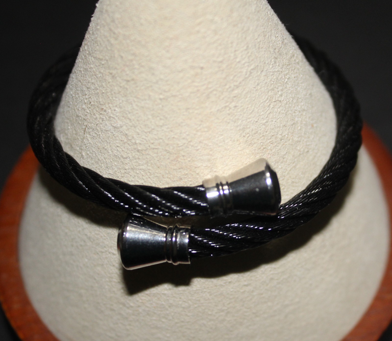 Black or Silver over Stainless Twisted Bracelet-Silver Encaps – Fits All Wrists