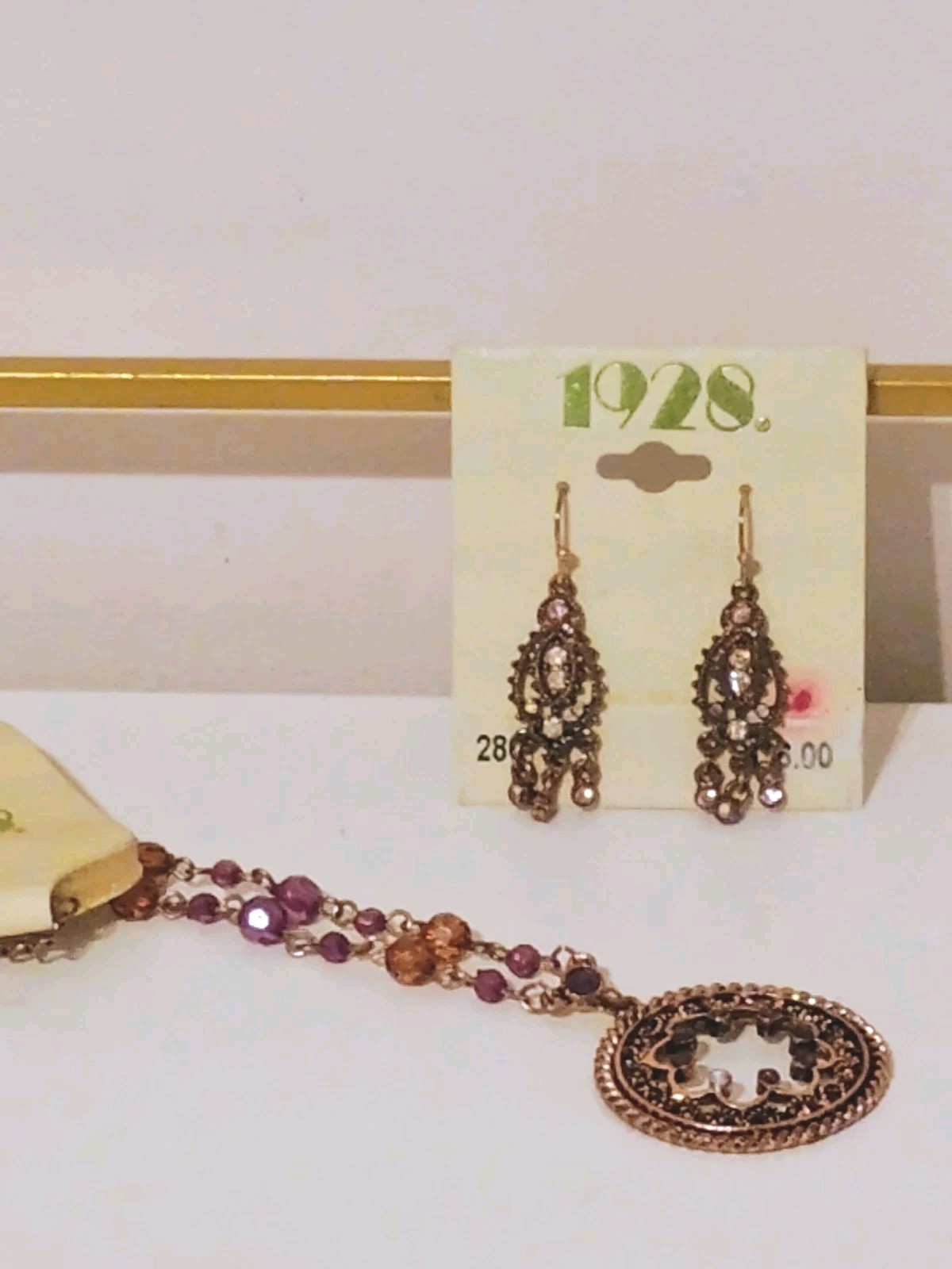 1928 “Amethyst Dream” Bronze Gold Necklace and Earrings NEW OLD STOCK