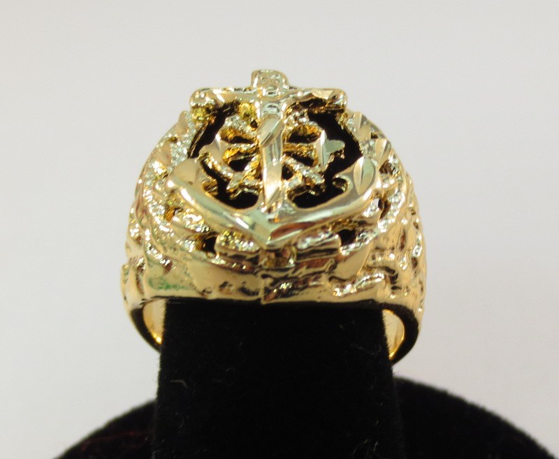 SIZE 8-13 MENS 14KT GOLD PLATED RELIGOUS ANCHOR MARINER CRUCIFIX CROSS RING