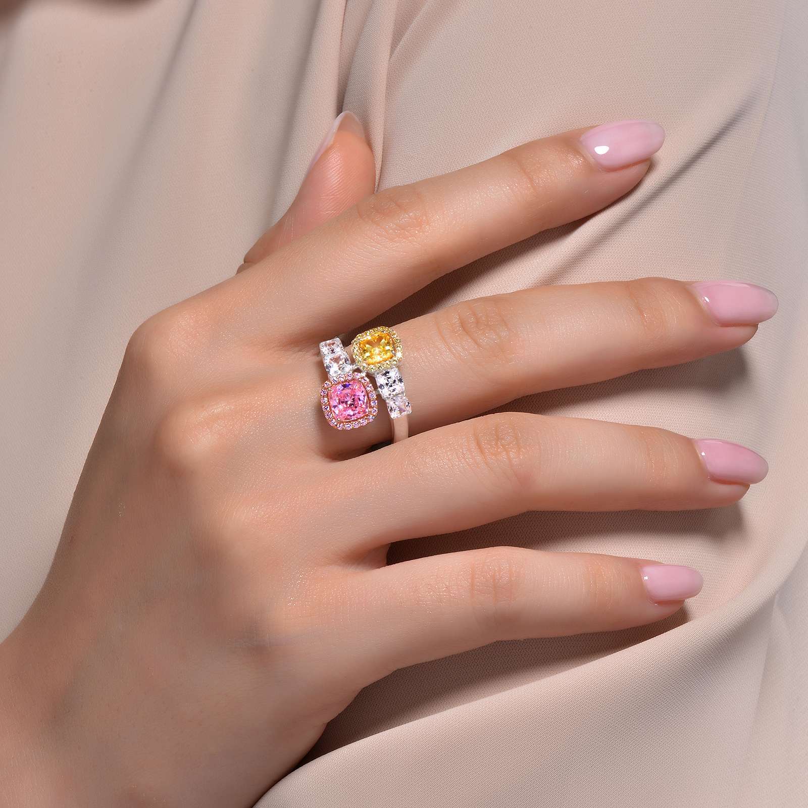 *BRAND NEW* Sterling Silver Platinum-Bonded w/ 5.64CTW Pink & Yellow Bypass Ring