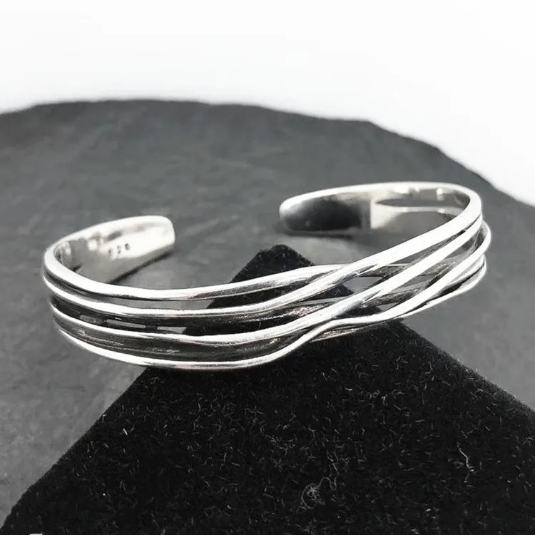 Retro Wave Bracelet 925 Sterling Silver Braided Bangle Geometric Opening Cuff