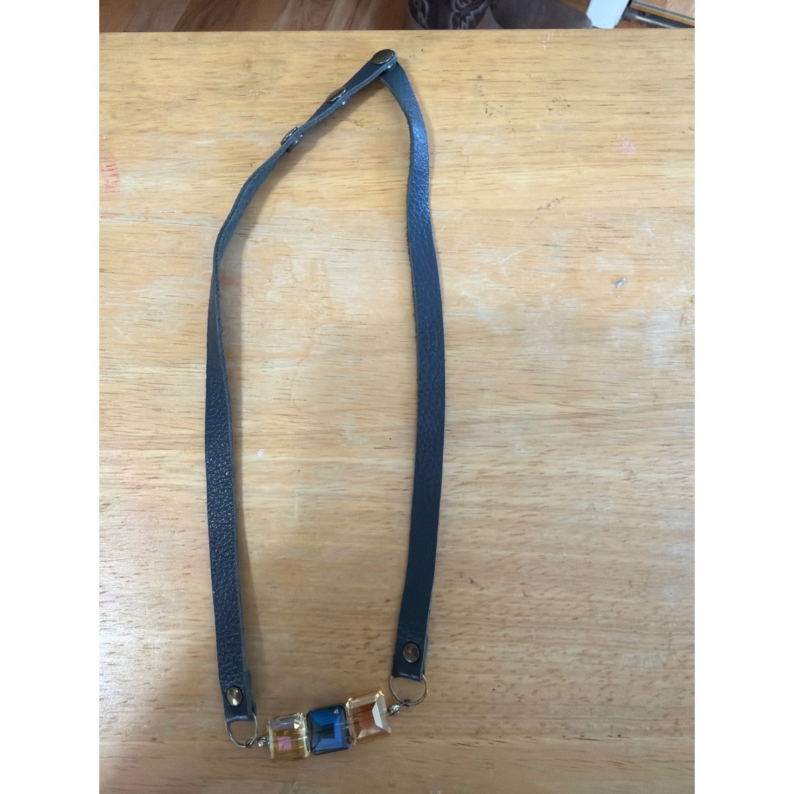 Blue Leather Strap Necklace with Square Crystal Glass Beads Adjustable Snap