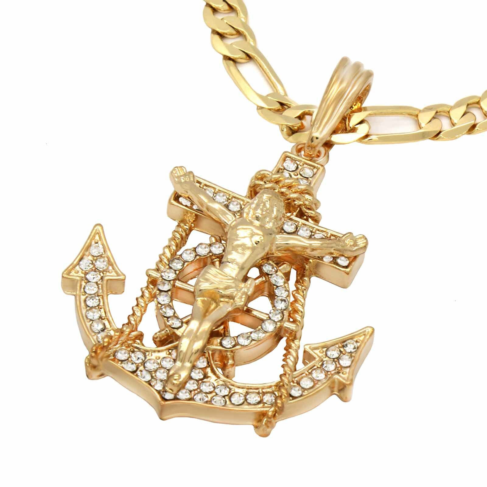 Hip Hop 14K Gold Plated Jesus Anchor Pendant Cubic-Zirconia 30″ Figaro Chain