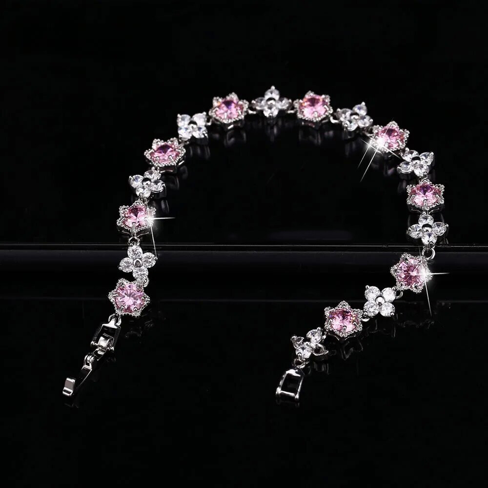 Silver Plated Cubic Zircon Green Flower Star Charm Bracelet Women Party Jewelry