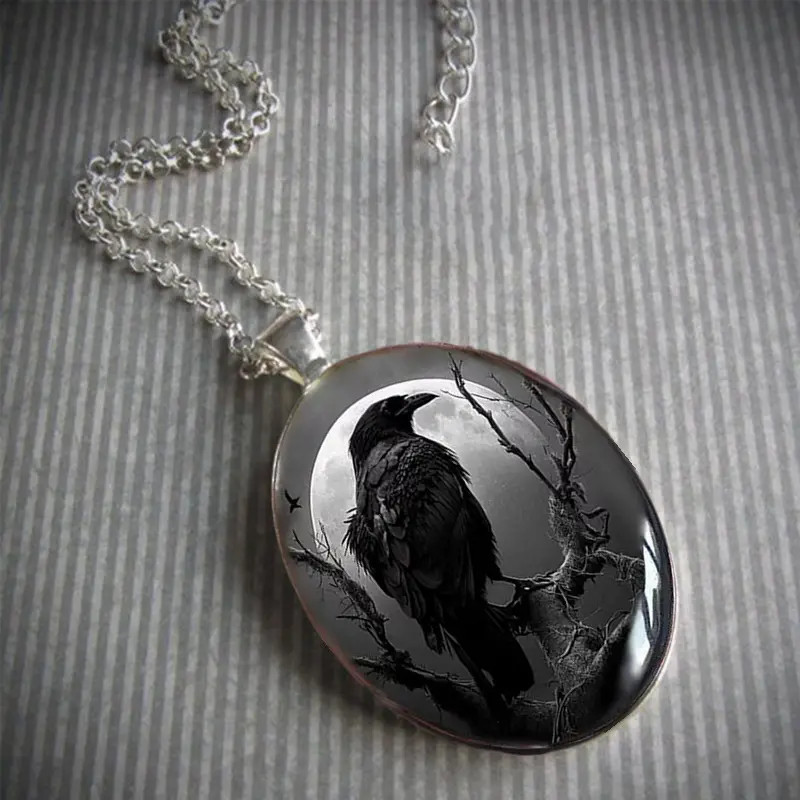 Raven Crow Oval Jewelry Vintage Silvery The Crow Movie Gothic Pendant Necklace A