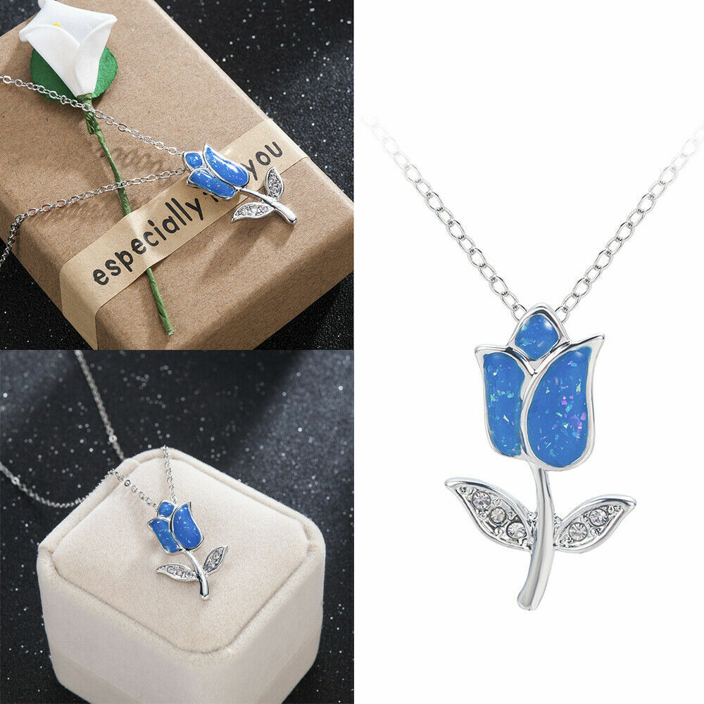 TULIP ROSE BLUE crystal FLOWER pendant Sterling Silver 925 18″ 1.3mm necklace