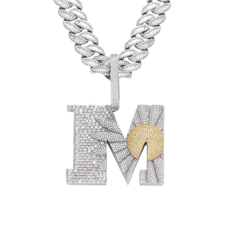 Hip Hop Bling Iced Big Daisy Flower Letter M CZ Pendant Necklace Fashion Jewelry