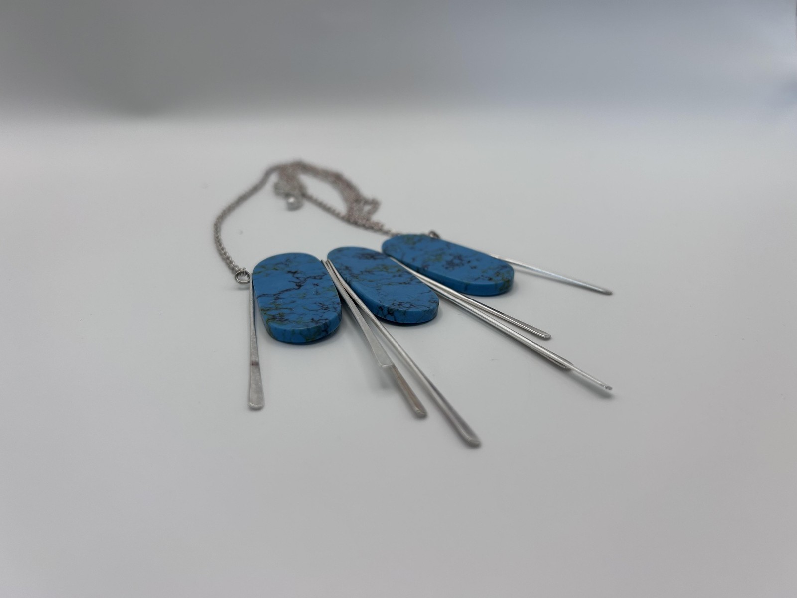 Necklace Blue Turquoise Bib Statement Silver Tone Fringe Pendant Chain 17 Inch