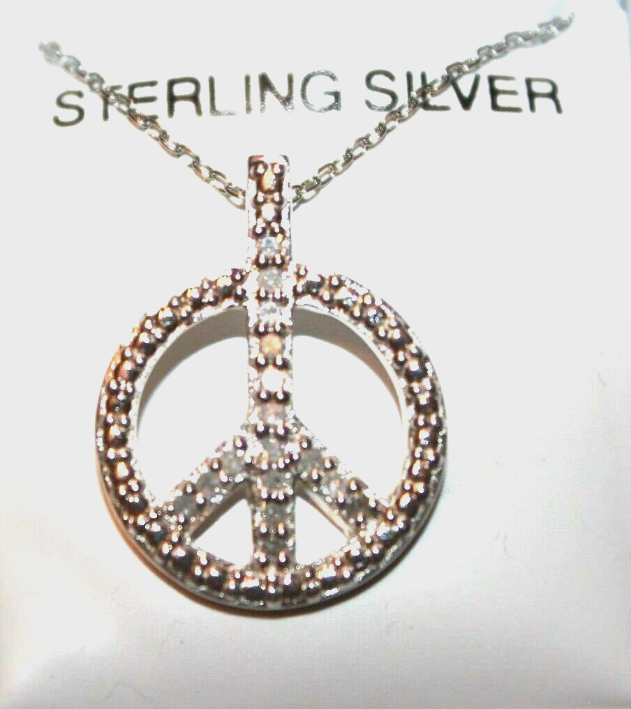 Sterling Silver Peace Sign 1/5 CTTW Genuine Diamond Pendant 18″ Chain Necklace