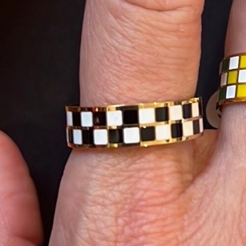 Black and White Checkered 18K Gold Plated Titanium Ring Band Size 7