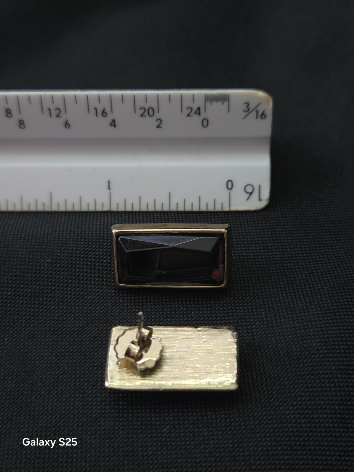 womens Earrings Stud Rectangle Black stone Gold Tone Bezel Butterfly Clasp