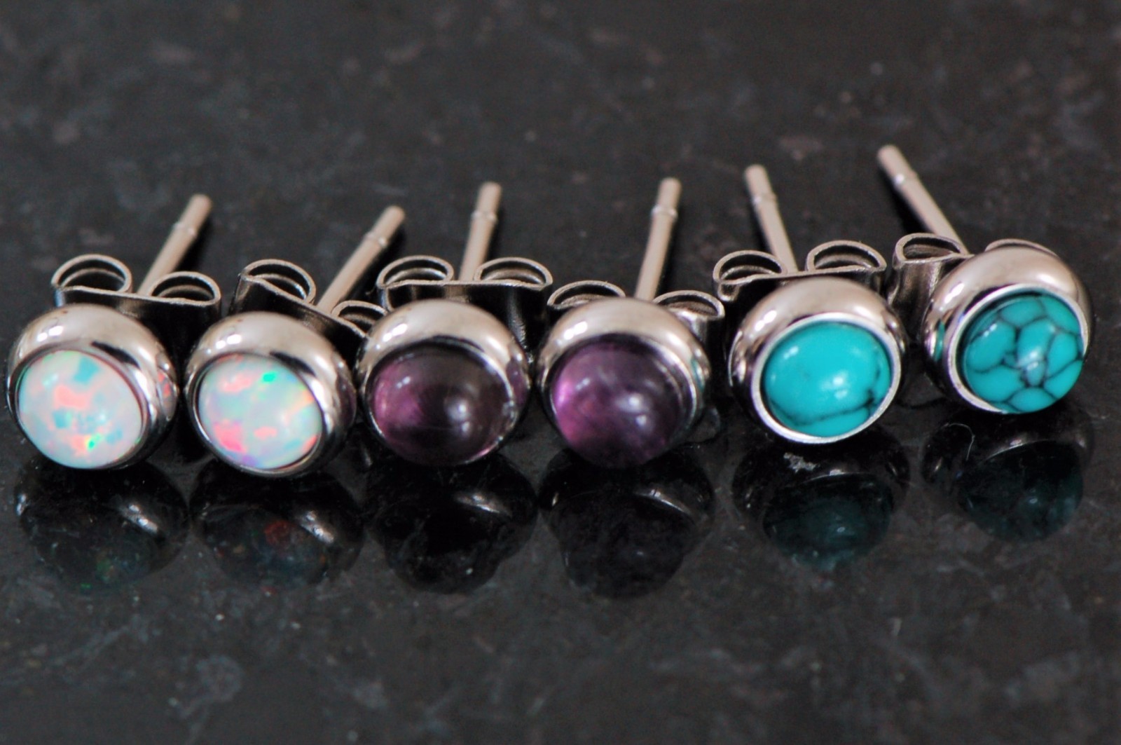 3 Pair Bezel Set 6 mm Opal Turquoise Amethyst Stone 316L Surgical Steel Earrings