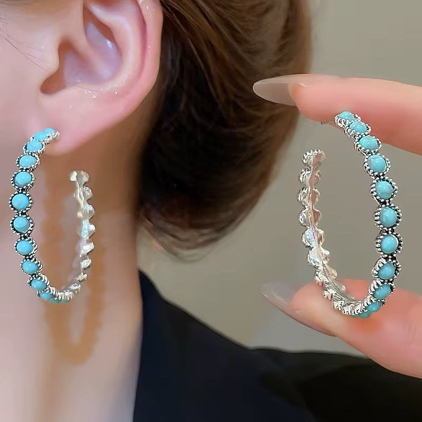 Silver Turquoise Loop Hoop Earrings Bohemian Western Costume Jewelry 2″ A16